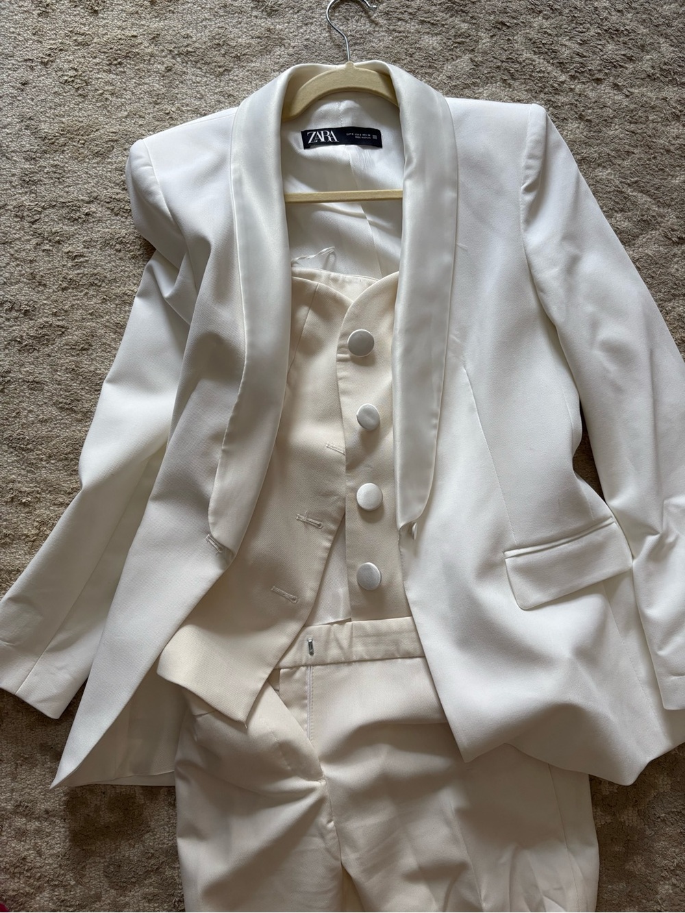 ZARA Women's Cream Shawl Collar Blazer with Matching Vest & Trousers